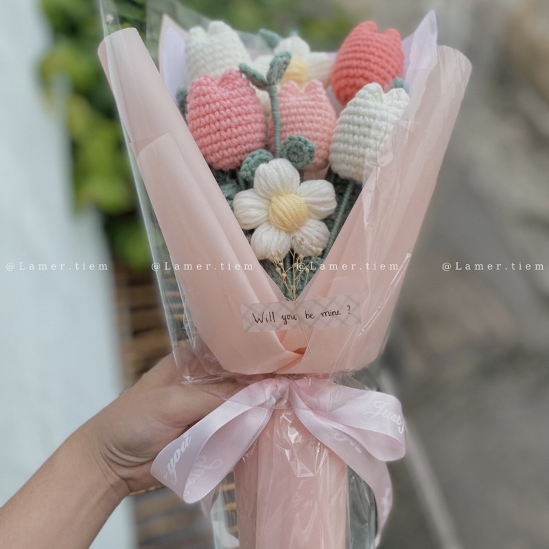 Bó hoa tulip len tone Pink handmade LaMer, hoa tặng người yêu, quà tặng người thân, bạn bè, nội dung chữ thay đổi tuỳ ý