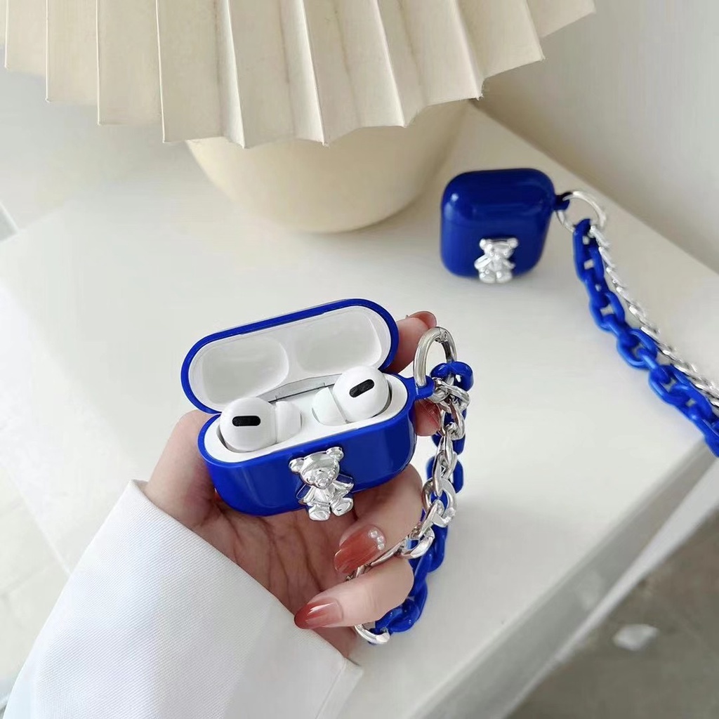 Vỏ tpu mềm bảo vệ hộp sạc tai nghe bluetooth đính sapphire hình gấu gắn chuỗi dây thích hợp cho airpods 1/2 pro