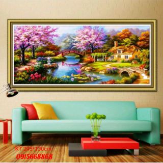 Trah thêu chữ thập ngôi nhà mùa xuân ấm áp kt 245_130cm