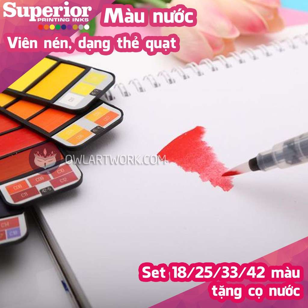 [CHÍNH HÃNG] Màu Nước Nén Superior 18 Màu Thẻ Quạt - Tặng Kèm Cọ Nước