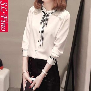 Áo sơ mi nữ kiểu dài tay, cổ áo bèo thắt dây nơ, viền măng séc siêu xinh