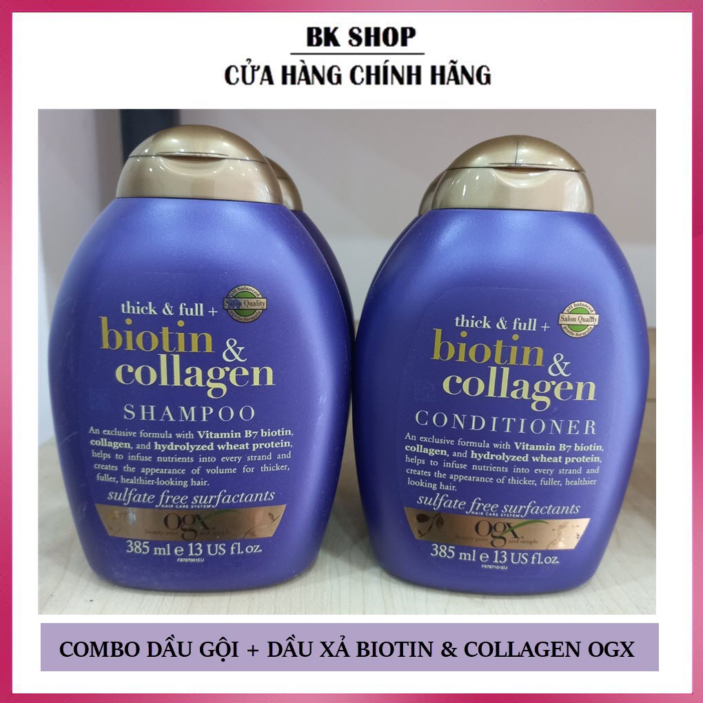 Combo 2 chai dầu gội xả Biotin Collagen Thick & Full OGX 385ml dưỡng mọc tóc, giảm gãy rụng