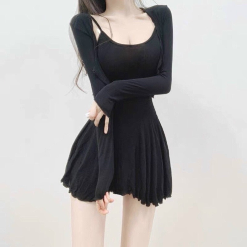 Set đầm 2 dây xoè + khoác ( Chuẩn hàng shop)