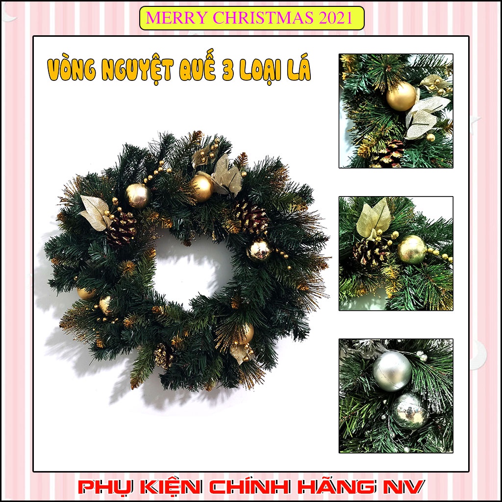 Vòng nguyệt quế giáng sinh treo cửa trang trí noel 3 Loại Lá Kim Tuyến hàng Việt Nam chất lượng cao