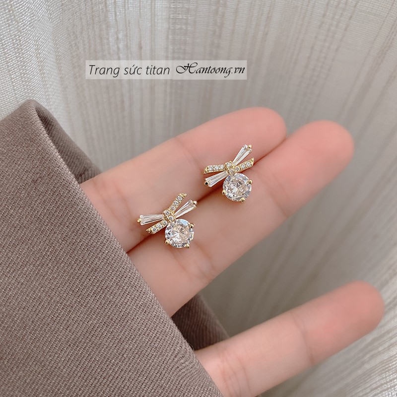 Bông tai nữ hình nơ xinh xắn khuyên tai nữ đính đá pha lê lấp lánh thời trang trẻ trung mẫu mới 2023
