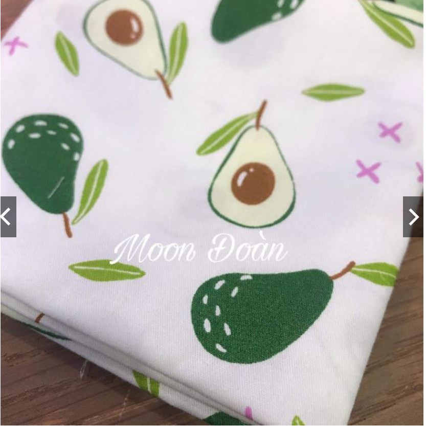 Vải bơ chất thô lụa in hình họa tiết quả bơ xanh bơ trắng khổ 1m6