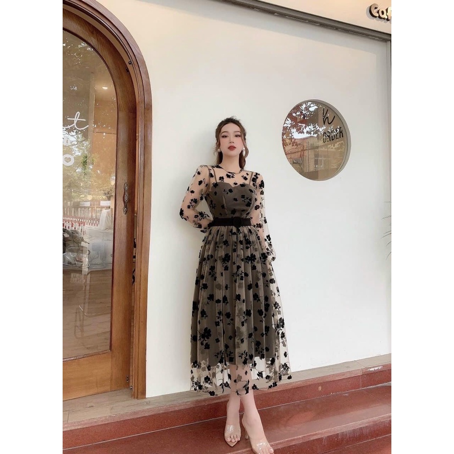 [Sale 50% free ship] Đầm midi dáng dài đi dự tiệc cưới siêu xinh với thiết kế lưới chủ đạo cực sexy có lót tôn dáng đẹp