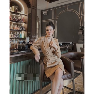 Đầm cổ vest kaki khuy bọc