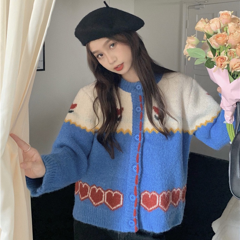 IELGY    Áo cardigan Dệt Kim Tay Dài Dáng Rộng Màu Sắc Tương Phản Thời Trang Cho Nữ