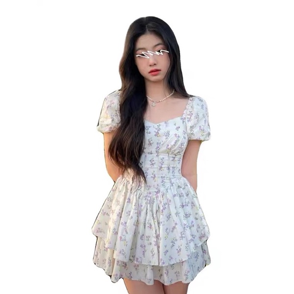 Đầm hoa ôm eo váy đầm tay phồng dáng ngắn xoè cho nữ