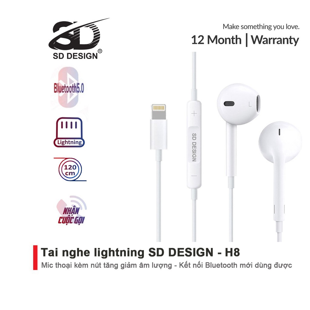 Tai Nghe H8 SD DESIGN 7/8plus/X/Xs Max/11/12 chân Lightning, tay nghe dây kết nối bluetooth, đàm thoại dễ dàng 7/8plus