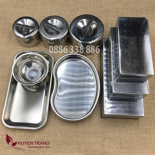 Bộ khay inox dùng trong y tế spa: khay, hộp bông, hộp chữ nhật, bát chum... Quỳnh Nga