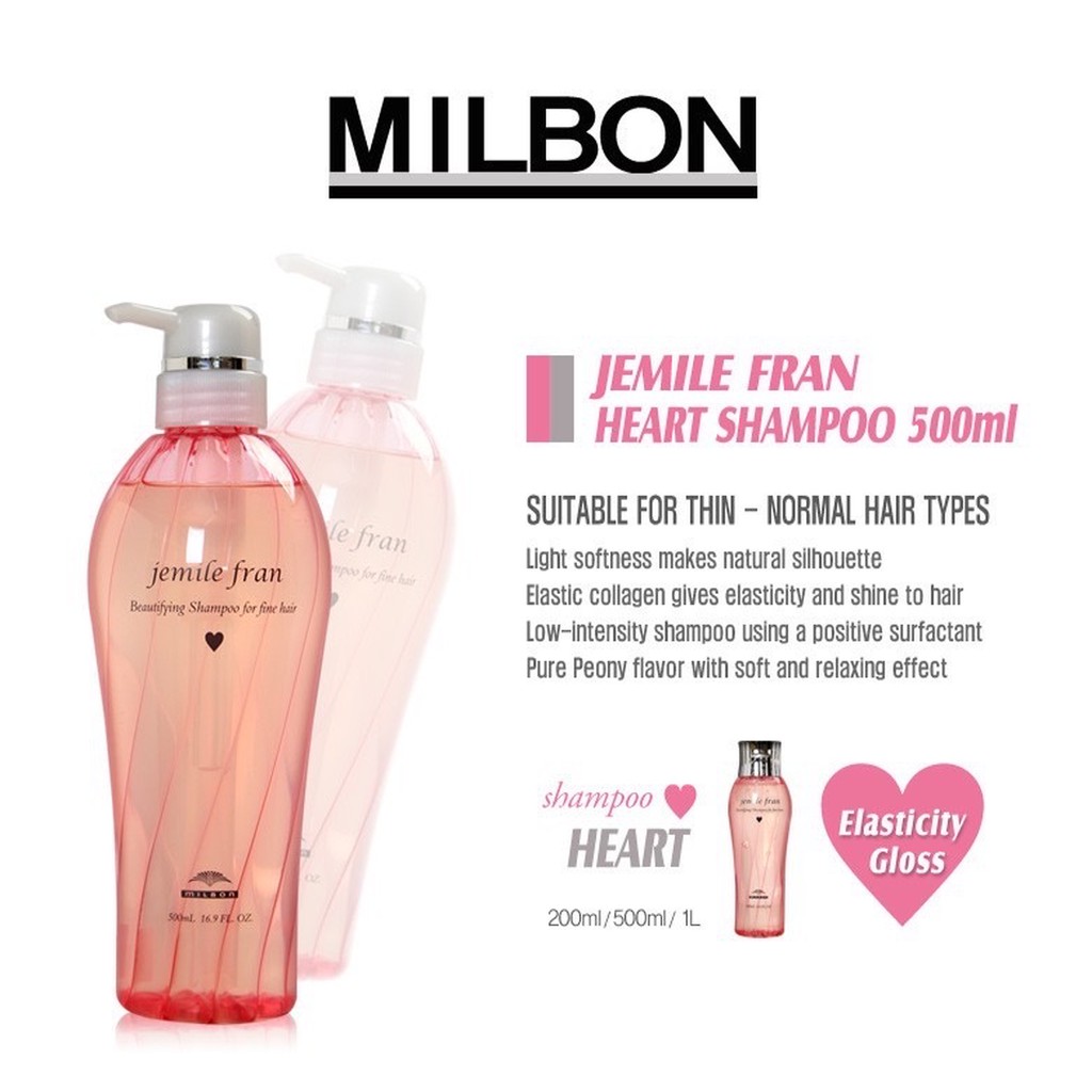 Dầu gội cho tóc khô xơ hư tổn Milbon Jemile Fran Heatgloss Shampoo 500ml (  J  )