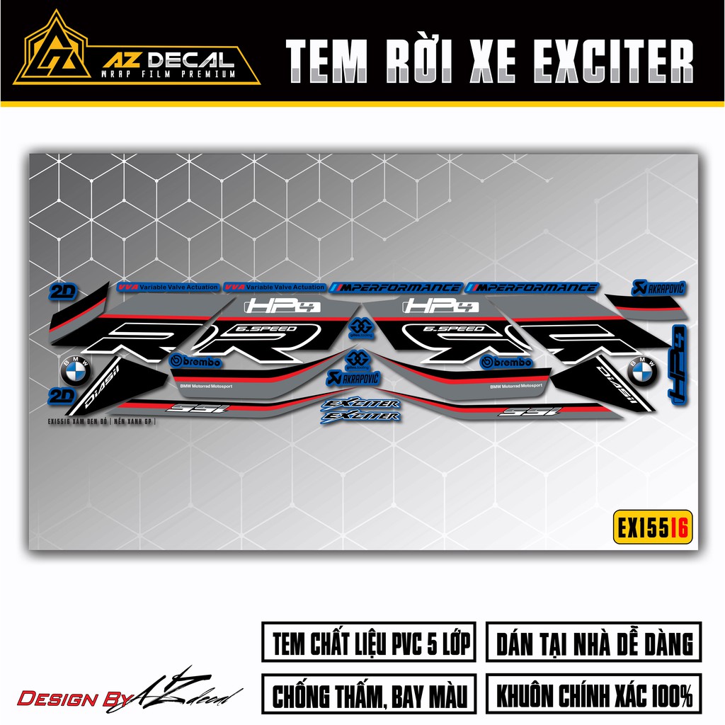 Tem Xe Exciter 155 Mẫu HP4 RR Tặng Kèm Logo | EX15516 | Tem Rời Chống Nước, Bền Màu, Cắt Khuôn Sẵn Dễ Sử Dụng