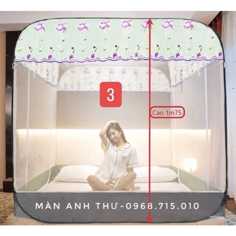 Màn Mùng Đỉnh Vuông 2 chân Viền - 2 Cửa Zen Thêu- Sản phẩm độc quyền thương hiệu Anh Thu