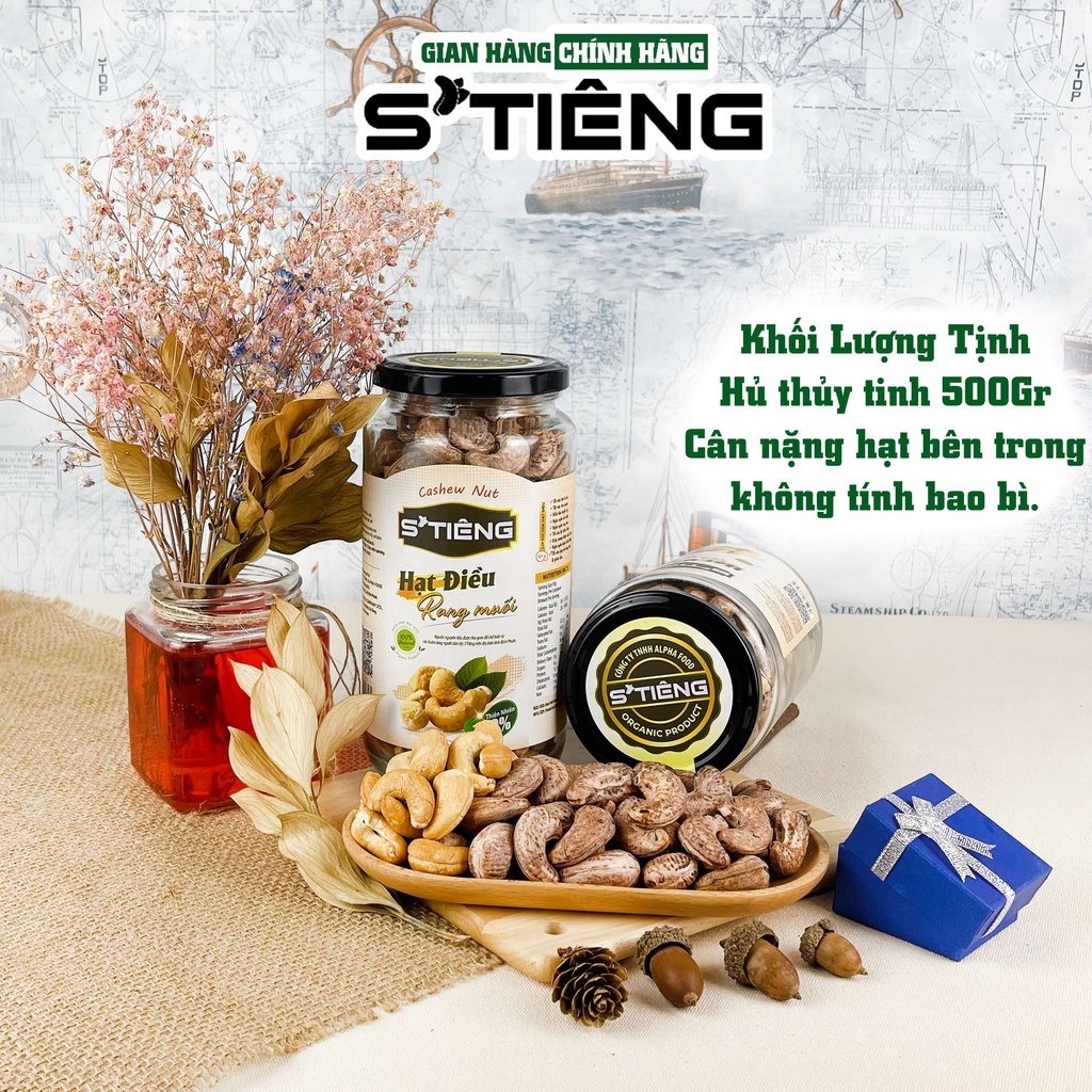 500Gr Hạt Điều Rang Muối STIENG Nguyên Hạt Loại 1 A+(380-410Hạt/Kg) Hủ Thủy Tinh