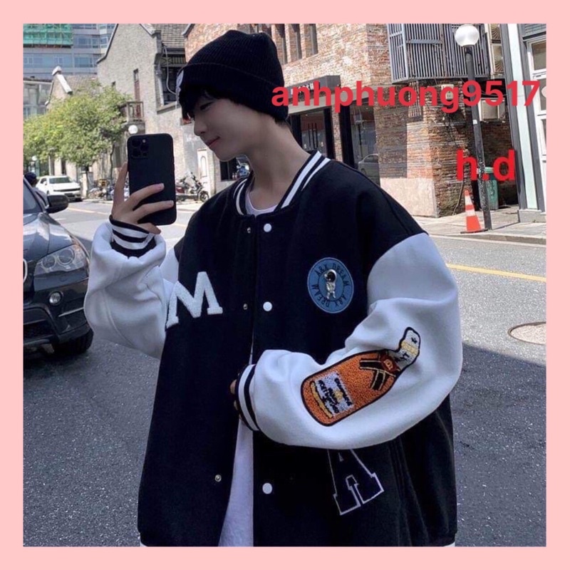 Áo bomber khoác Chai Nước Chữ MChất gió vs nỉ tay áo và gấu áo có bo dệtfreesize 55kgphong cách hàn quốc