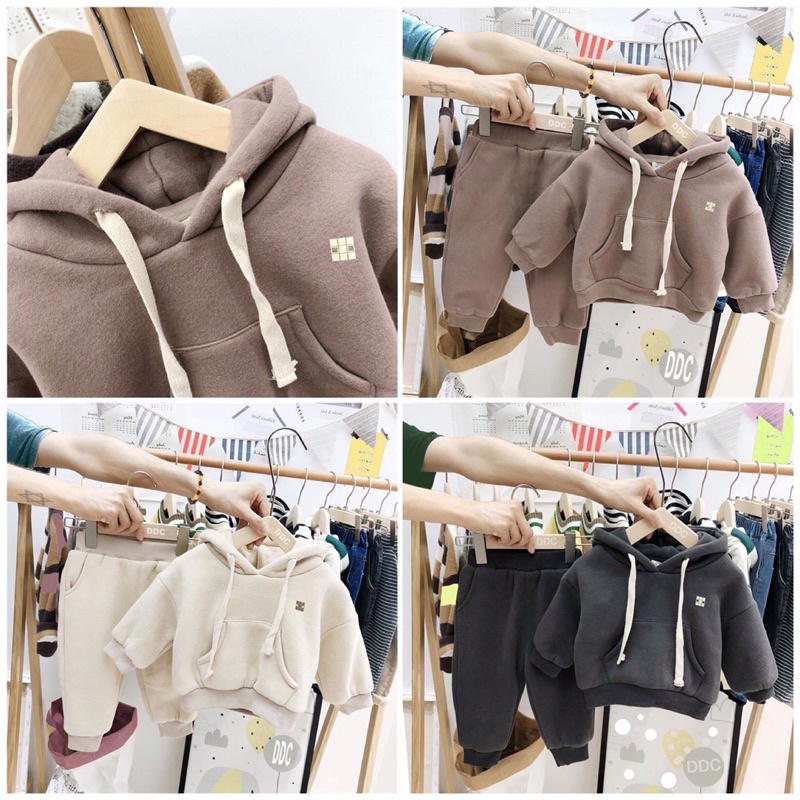 Sét Nỉ Bông Thu Đông Cho Bé, Phong Cách Hoodie, Màu[Nâu, Kem, Đen], Chất Nỉ Cao Cấp, Size Từ 8-25Kg