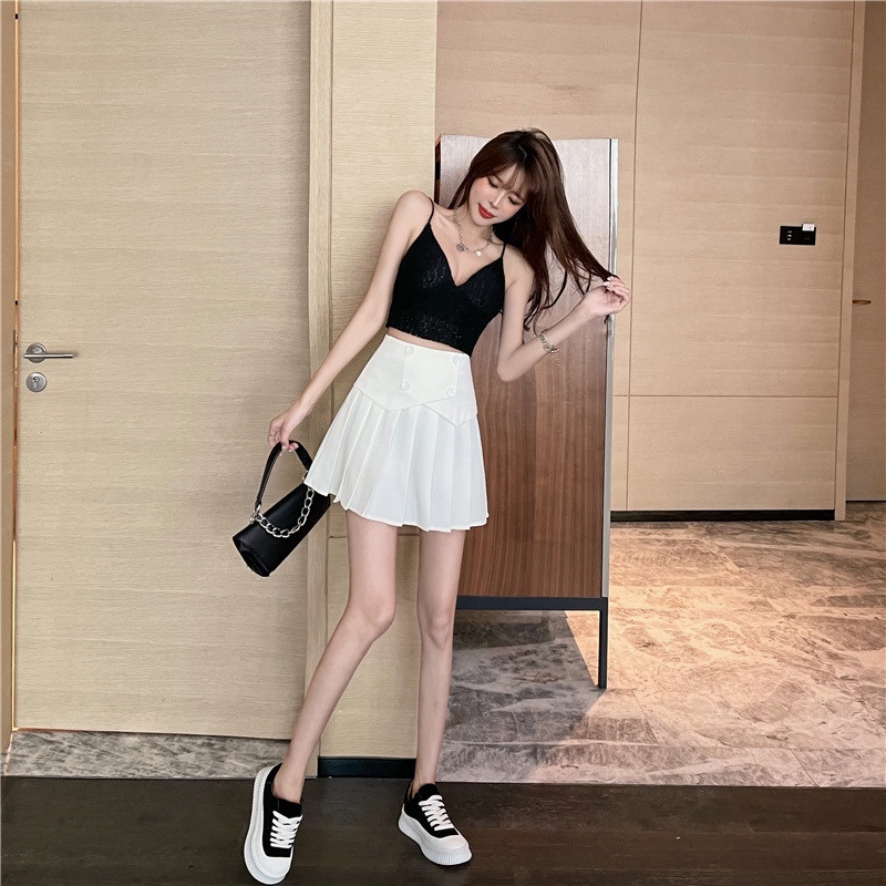 Chân váy tennis xếp ly ngắn lưng cao chữ A NỊT BỤNG 4 khuy đen trắng trẻ trung năng động vải dày có bigsize CV25