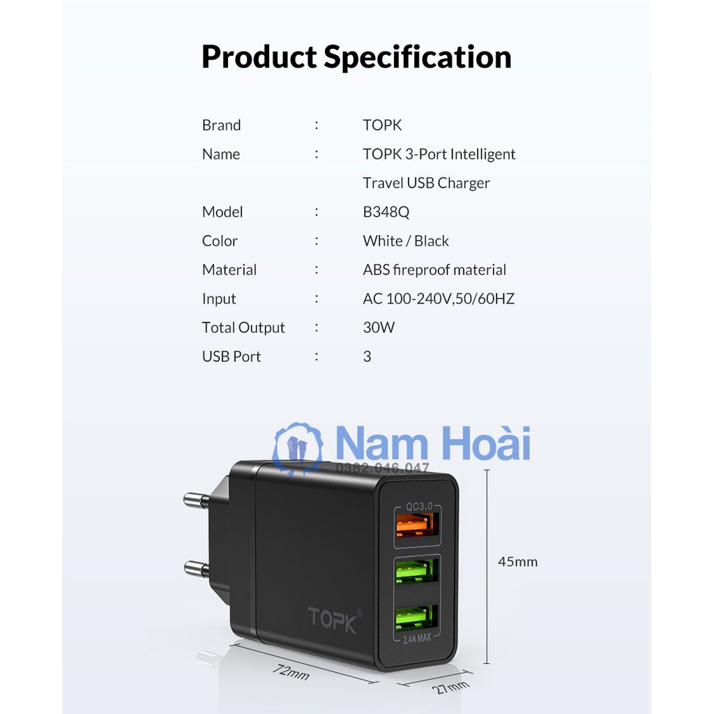 Cốc Sạc Nhanh QC 3.0 CHÍNH HÃNG TOPK B348Q 3 Cổng USB 3.0 Tiện Dụng Chất Lượng Cao