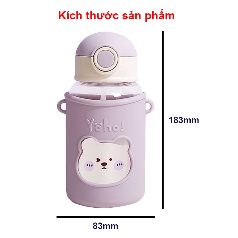 Bình nước cho bé đi học chịu nhiệt tốt Baby-S, Bình uống nước cho bé có ống hút tặng kèm túi silicon và dây đeo - SBN013