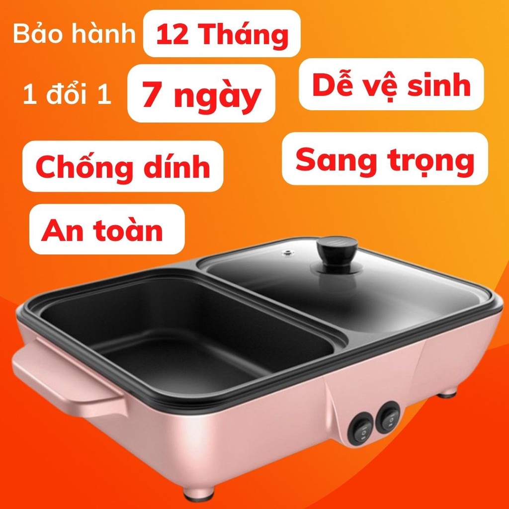 Nồi lẩu nướng điện 2 ngăn đa năng mini 2 in 1 chống dính - thiết kế hiện đại tiện lợi cao cấp - Bảo hành 12 tháng