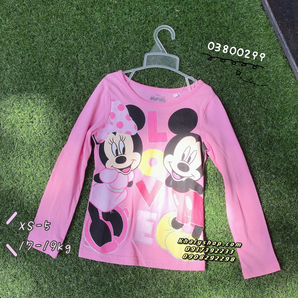 Áo tay dài trẻ em hình chuột Mickey và Minnie Mouse Love màu hồng nhạt size XS cho bé gái 5 tuổi (Mỹ US-UK) - ATTDMK03