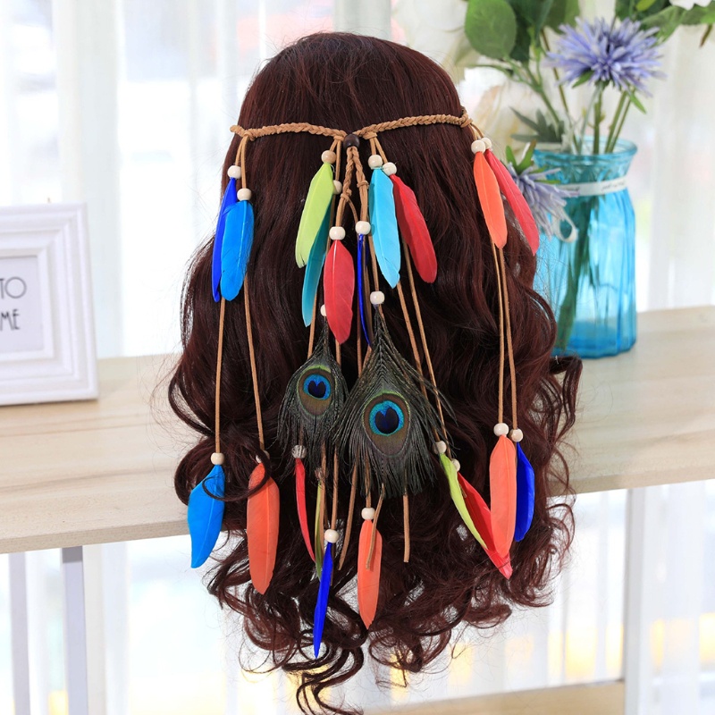 Băng Đô Bện Tóc Phối Lông Vũ Tua Rua Phong Cách Ấn Độ Bohemian