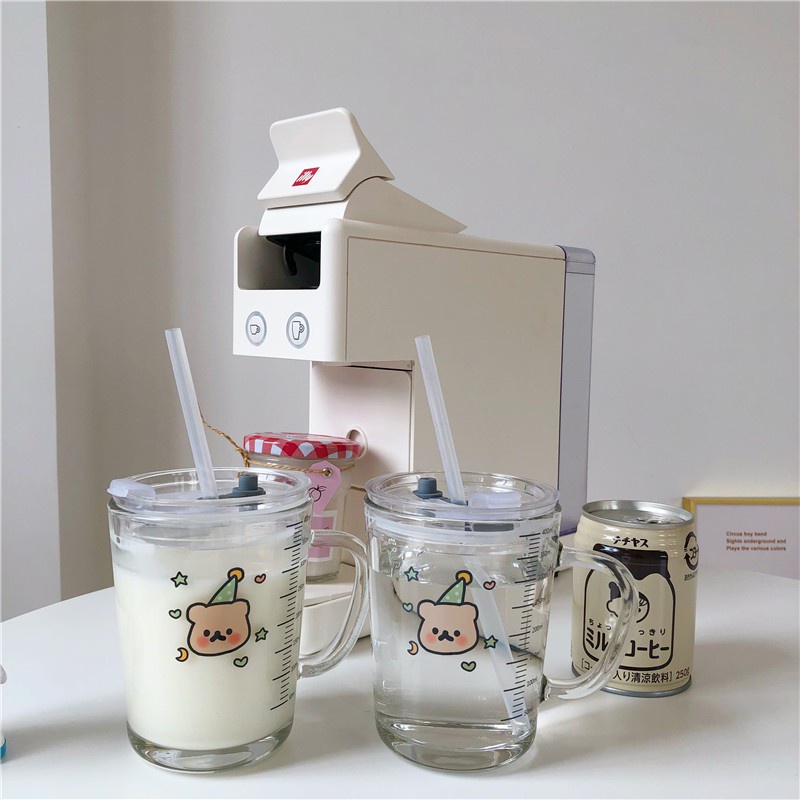 Ohaya Bộ Năm Cốc Thủy Tinh Mềm Cách Nhiệt In Chữ Màu Cam Đám Mây Phong Cách Hàn Quốc