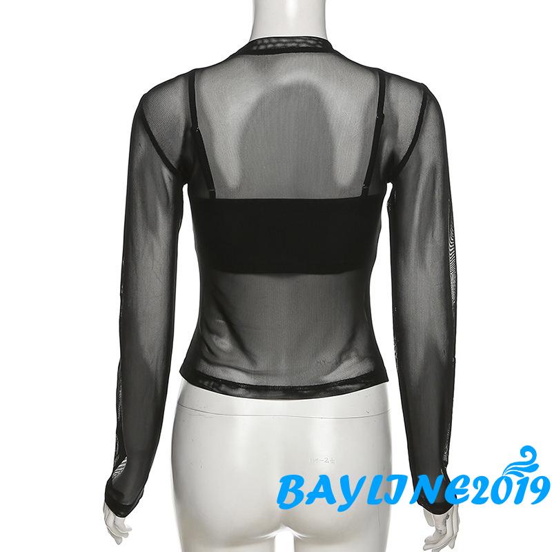 BAY-Women´s Tops Set Adjustable Camisole Vest + Long Sleeve Crew Neck See-Through Mesh T-Shirt Streetwear Two-Piece