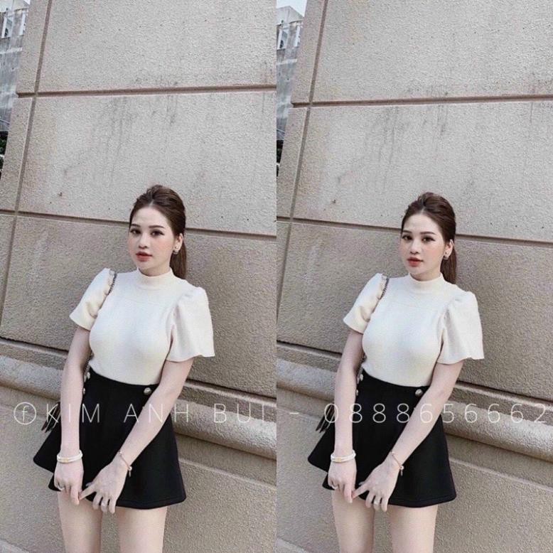 Áo Thun Gân Cổ Tròn Croptop Tay Phồng Đen Áo Công Chúa DRAT46 Mys Unicorn Fashion