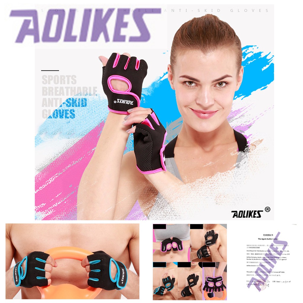 Bán buôn - Aolikes AL1678  Găng tay tập gym hở lưng, đệm lòng bàn tay chống trượt chuyên gym, hàng chính hãng