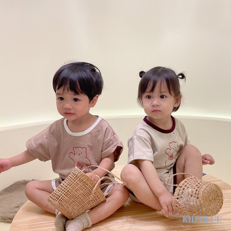 Bộ Quần Áo Cotton Mùa Hè In Hình Gấu Phong Cách Hàn Quốc Cho Bé Trai Và Bé Gái