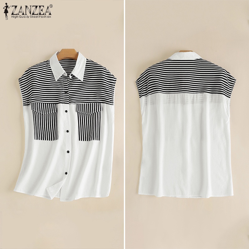 Zanzea Áo Sơ Mi Tay Dài Kẻ Sọc Có Túi Trước Thời Trang Cho Nữ