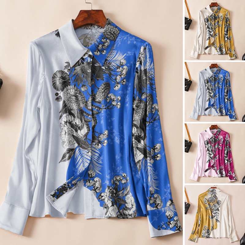 Áo sơ mi ZANZEA cổ bẻ tay dài vải satin in họa tiết hoa thời trang sang trọng dành cho bạn nữ