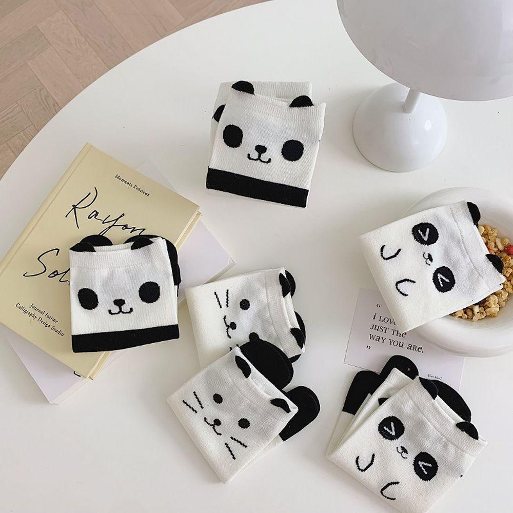 Vớ Cotton Màu Trơn Họa Tiết Mèo / Gấu Trúc Phong Cách Hàn Quốc Độc Đáo Thoải Mái Cho Nữ