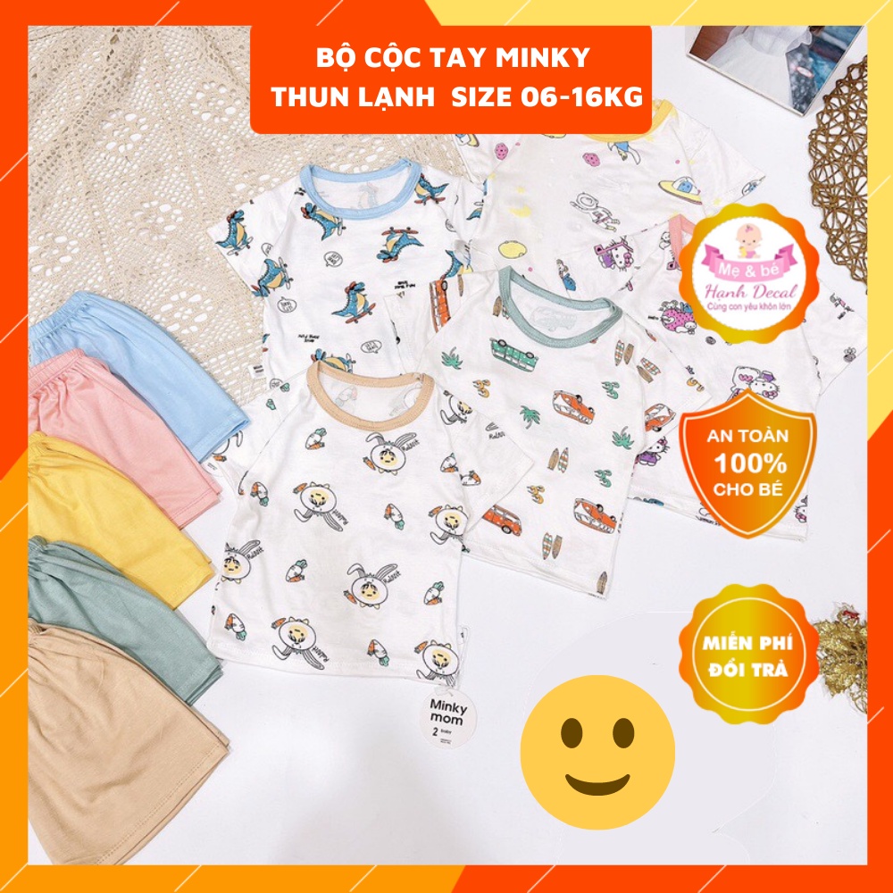 Đồ Bộ Cộc Tay Thun Lạnh Minky Họa Tiết Phối Cổ Viền Quần Màu Cho Bé Trai/ Bé Gái 6-16kg