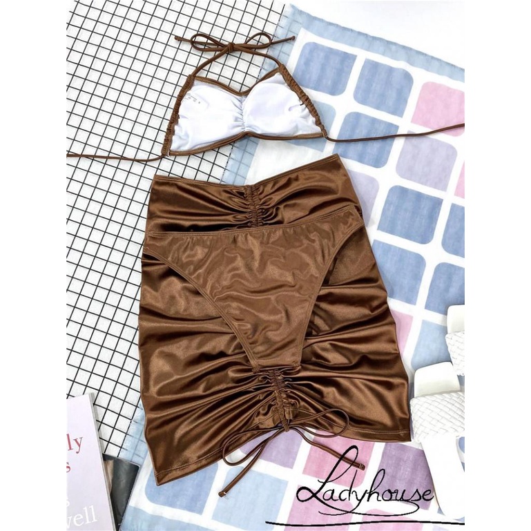 Bộ Đồ Bơi Bikini Áo Hai Dây + Chân Váy Rút Dây Màu Sắc Trơn Dành Cho Nữ
