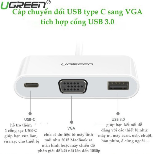 Cáp Chuyển USB Type C Sang VGA + USB 3.0 + USB Type C Ugreen 30376