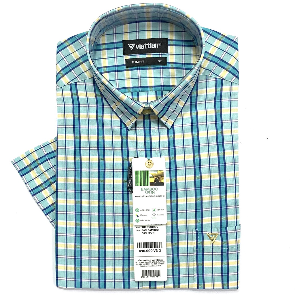 Viettien - Áo sơ mi nam ngắn tay xẻ tà lai ngang 8N3631 ca rô phom slim fit may ôm dành cho giới trẻ