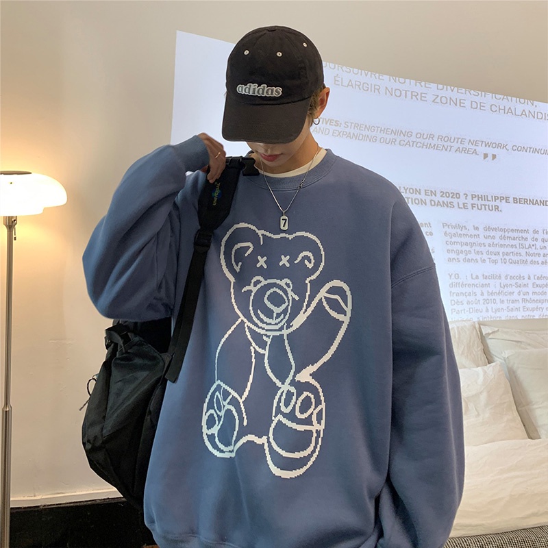 Áo cổ tròn in hình gấu dáng rộng size lớn thời trang mùa thu dành cho cặp đôi