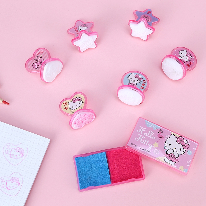 Bộ 7 con dấu hình hello kitty hoạt hình dễ thương trang trí sổ tay với hộp mực