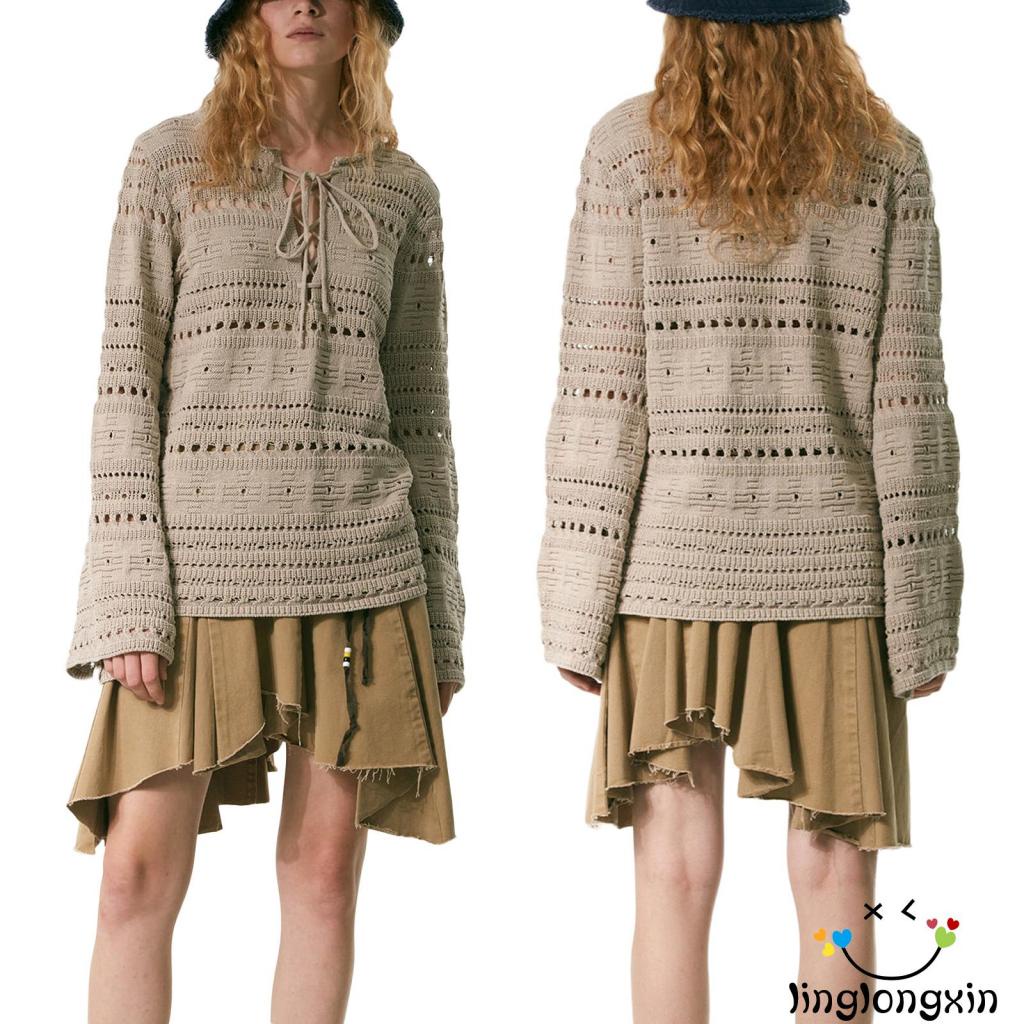Áo Dệt Kim Tay Dài Cổ Tròn Thắt Dây Chéo Màu Trơn Phong Cách Vintage Dành Cho Nữ Linglongxi2-Y2K