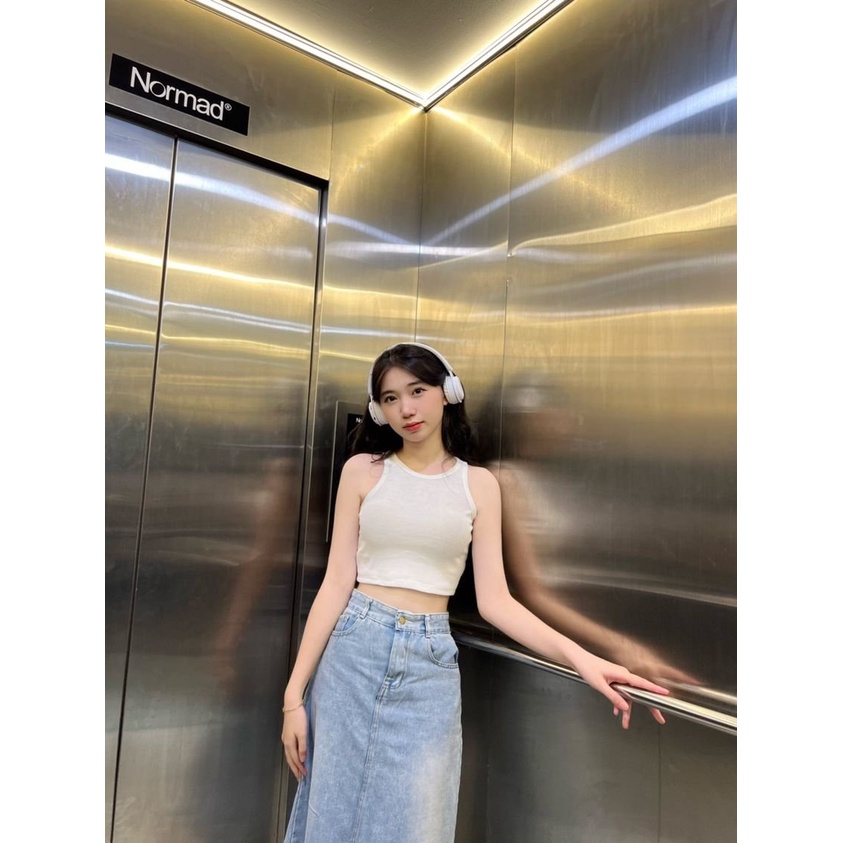 Chân Váy Bò Dáng Dài Cạp Cao Phong Cách Hàn Quốc - Chân Váy Jean Chữ A Xẻ Tà Sau Cá Tính