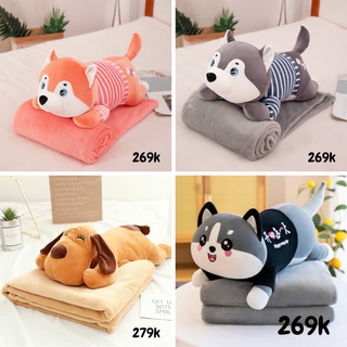 Bộ chăn gối văn phòng + Mền Gấu Bông Chó Husky Mặt Ngáo 3 Trong 1