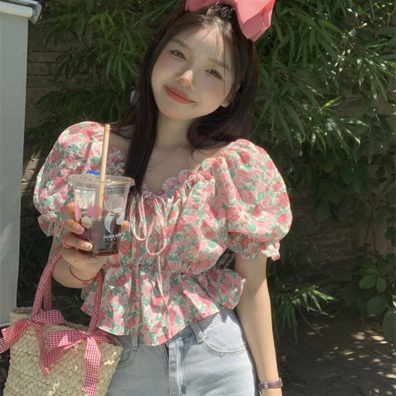 Áo Kiểu Trễ Vai Tay Phồng In Họa Tiết Hoa Thời Trang Mùa Hè 2022 Phong Cách Mới Cho Nữ