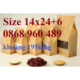 [14x24+6] Túi zipper Kraft 8 cạnh - 50 túi, đáy đứng, cửa sổ, phủ bóng, chống nước, khoảng 195k/kg
