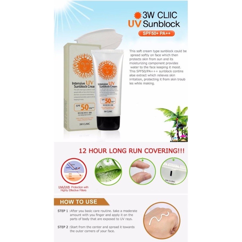 (AUTH) Kem chống nắng Intensive UV Sunblock Cream 3W CLINIC 50+ PA+++ hàng chính hãng