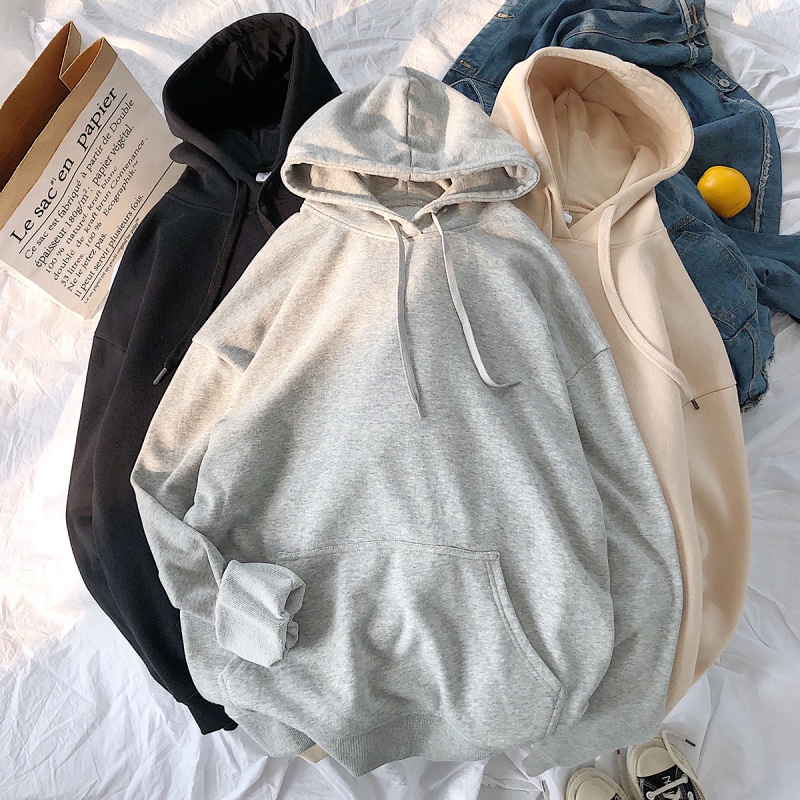 Áo Hoodie dài tay Dáng Rộng Màu Trơn Phong Cách Hàn Quốc Cho Nữ
