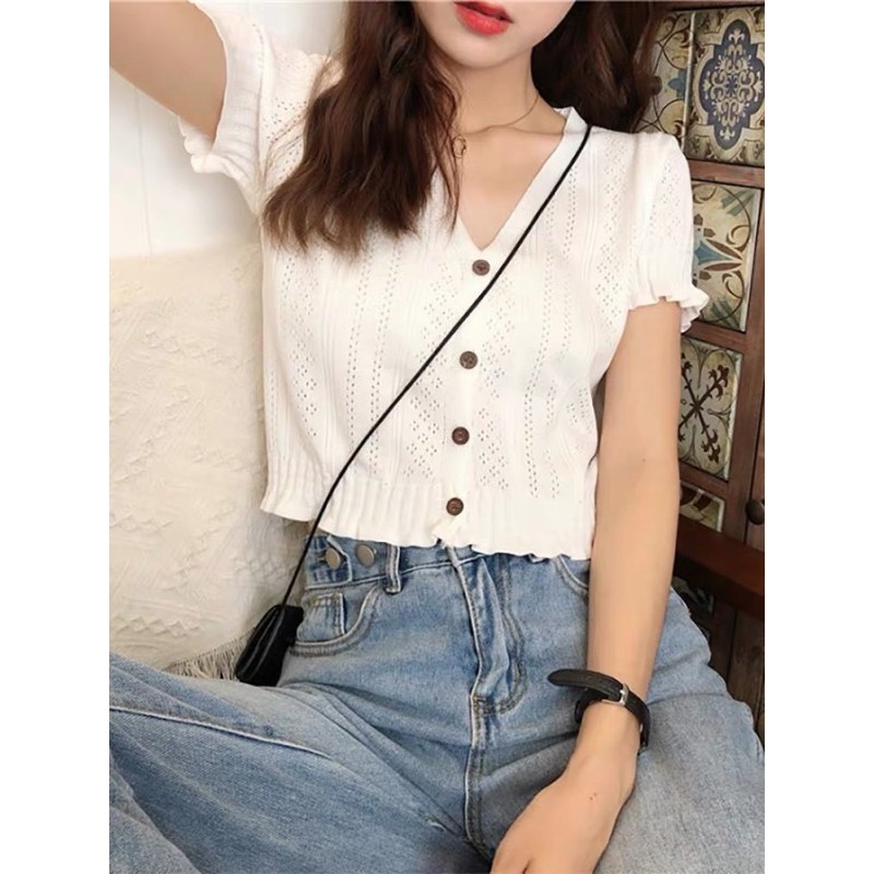 Áo cardigan cổ V dáng croptop chun eo, tay bồng phong cách Ulzzang Hàn Quốc